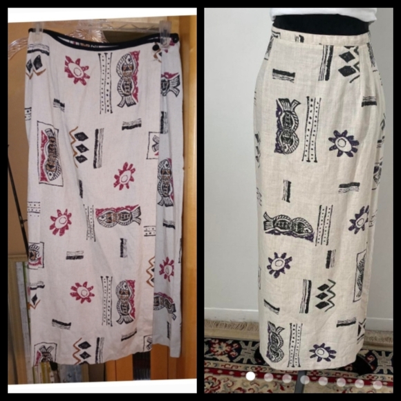 Linen Flax Blend RED n BLACK Long Wrap Skirt Sarong Size 14 Aztec Tribal Print● - Picture 2 of 12